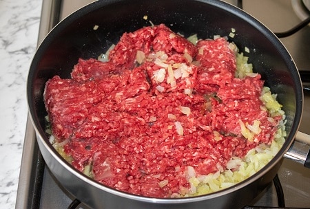 Burek Recipe Step 2 - Sauté Meat & Onion